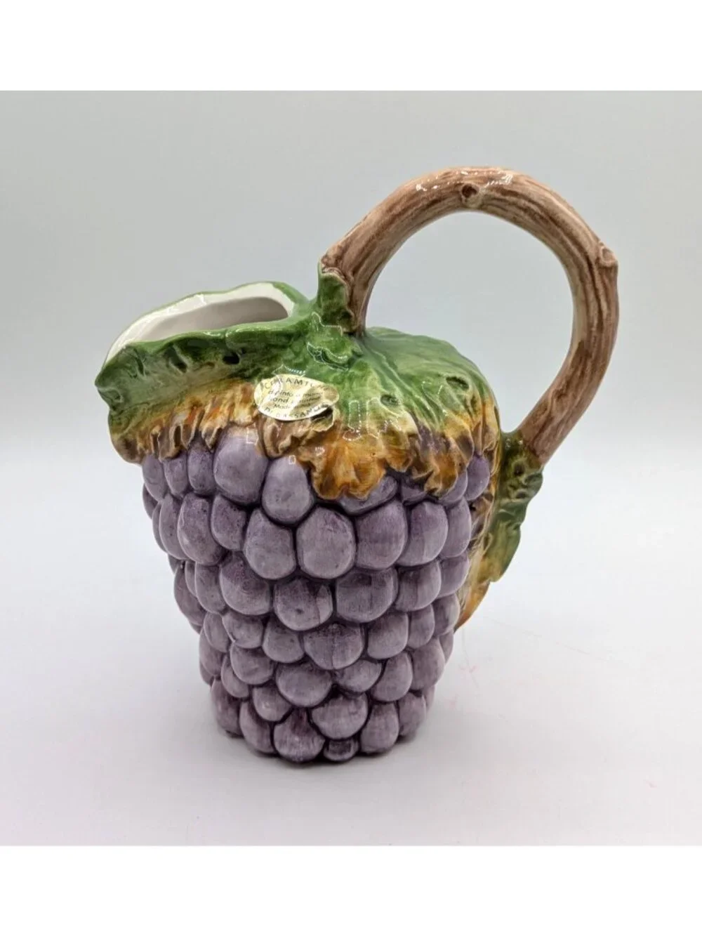 Vintage Di Bassano Grape Pitcher Jug Purple Green Hand Painted Ceramic Italy